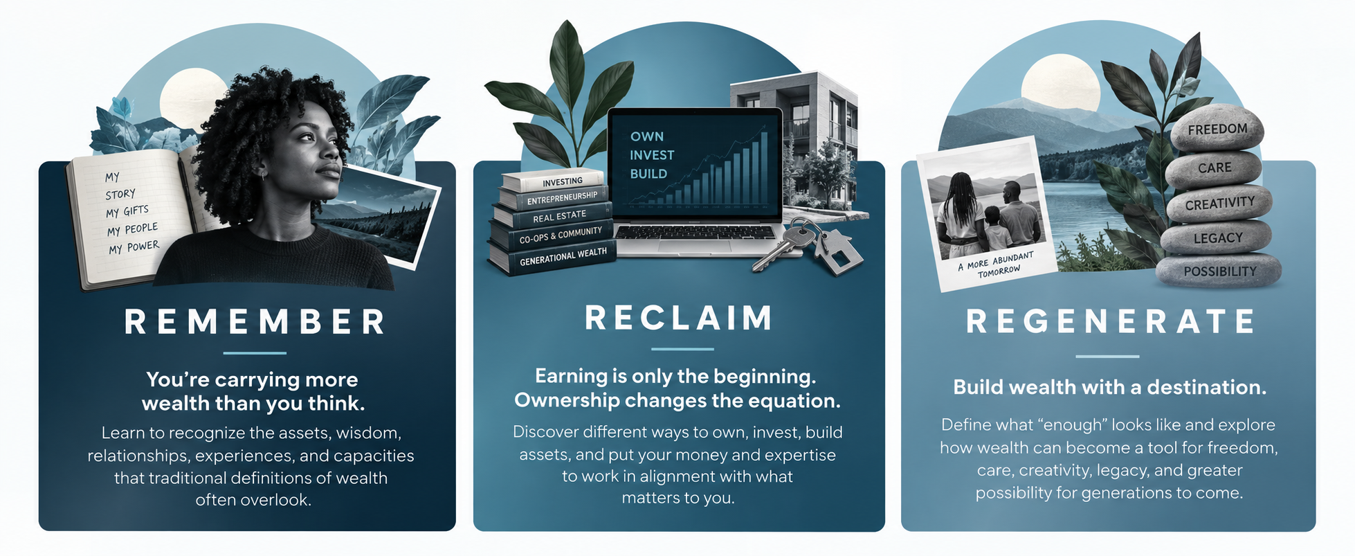 Remember, Reclaim, and Regenerate — the three pillars of the RE:WEALTH workshop: recognizing the wealth you already carry, reclaiming ownership and investing, and regenerating wealth with purpose for generations to come.